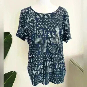 Womens Top Blue White Karen Scott NWT Size Large Nautical Short Sleeve V Neck